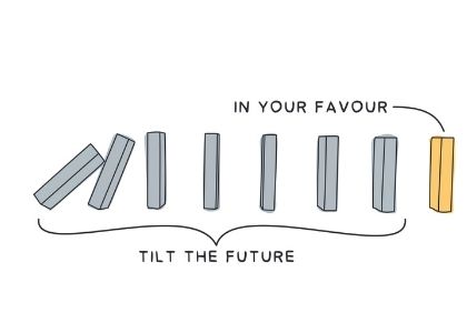 a set of grey dominoes tilting towards a gold one with the words tilt the future in your favour